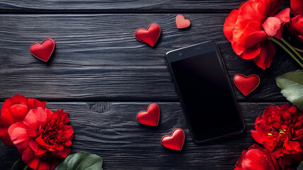 Romantic flat lay with red flowers, hearts, a smartphone, and a love message on a vintage black wooden surface. Ai generated