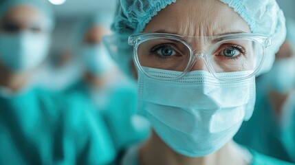 A focused image depicting a surgical team, comprised of masked and gloved medical professionals, concentrated on a procedure in a well-equipped operating room.