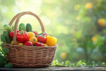 Garden background with a wicker basket full of organic vegetables and fruits
