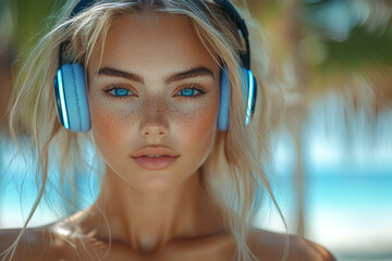 beautiful woman with blue eyes wearing headphones