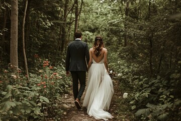 Bride and groom forest tree outdoors.
