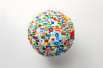 Obraz premium flat lay of a gigantic globe with multiple country flags and speech bubbles containing country and language symbols, isolated on a white background.
