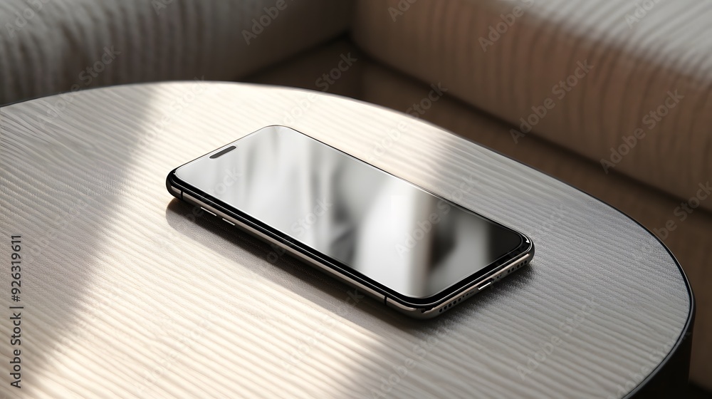 Poster a cell phone is sitting on a table in a dimly lit room. the phone is turned off and has a black scre