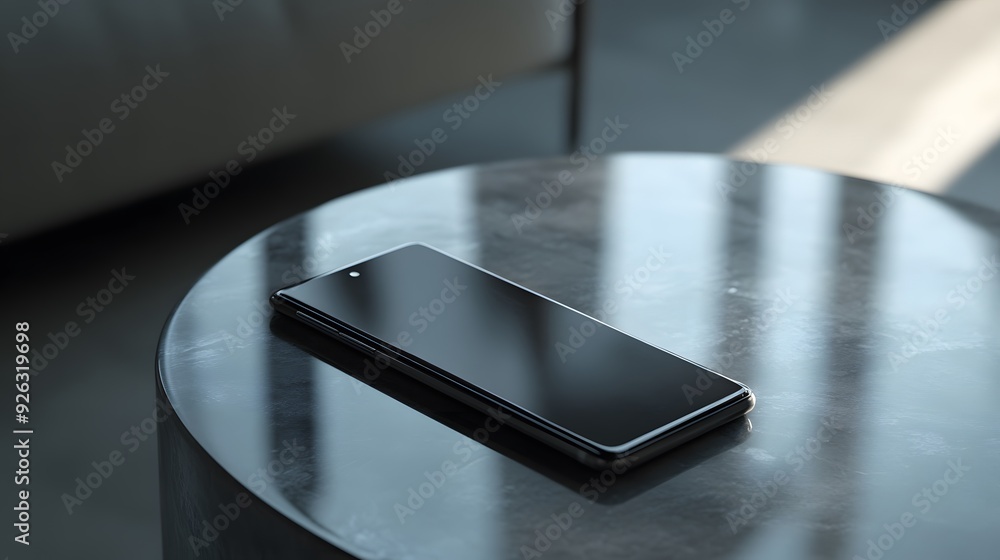 Poster a cell phone is sitting on a table in a dimly lit room. the phone is turned off and has a black scre