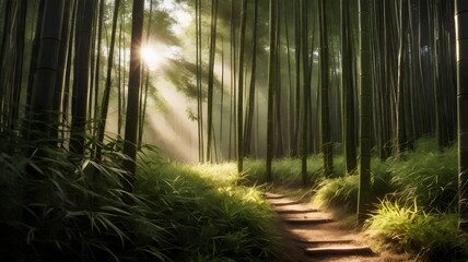 Obraz premium A tranquil wetland at dawn with mist rising off the still water, a family of swans gliding gracefully, and tall grasses swaying gently