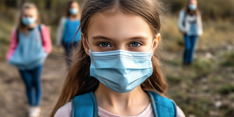 A young girl wearing a face mask stands outdoors with her friends in the background, health precautions during outdoor activities
