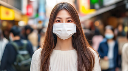 A young woman wearing a face mask stands in a busy urban street, health precautions and safety in public spaces