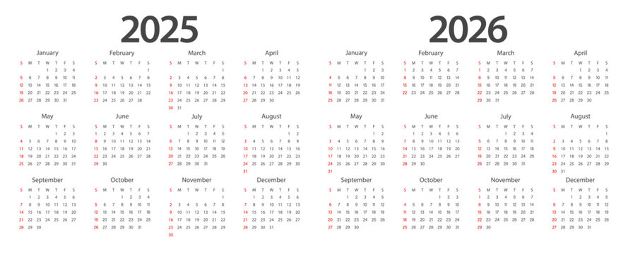 Calendar 2025, calendar 2026 week start Sunday corporate design planner template.