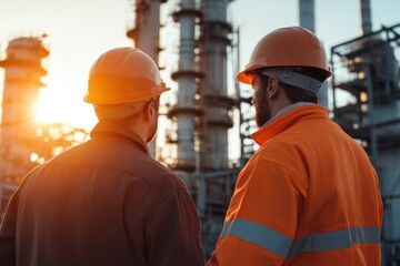 Two Engineers Overseeing Operations at a Refinery During a Stunning Sunset Amidst a Complex Industrial Landscape
