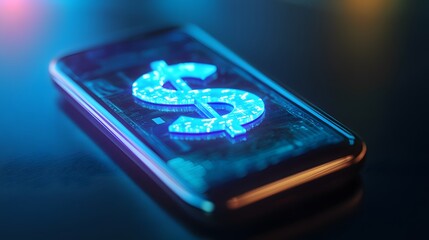 A cell phone with a dollar sign on it. The dollar sign is glowing and he is made of light