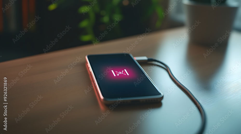 Poster a phone is charging on a table with a plant in the background. the phone is displaying a message tha