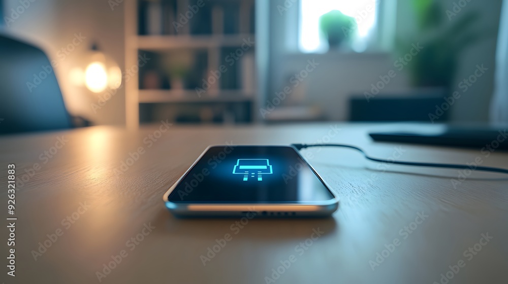 Poster a phone is charging on a table with a plant in the background. the phone is displaying a message tha
