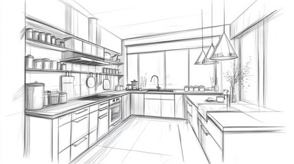 Illustration of a kitchen interior sketch