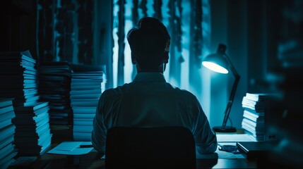 Corporate Whistleblower in Shadowy Office with Incriminating Documents.