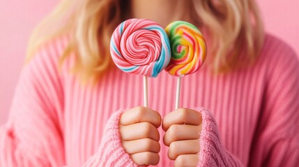 Colorful Lollipop Candies Held by Woman on Colorful Background
