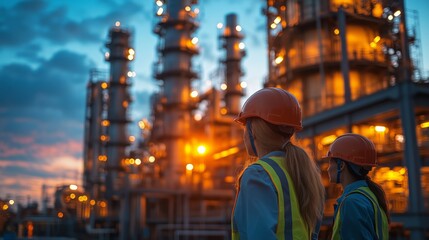 Fototapeta premium An industrial scene capturing two workers at a factory during sunrise or sunset. The worker in the foreground, wearing a yellow hard hat and safety vest