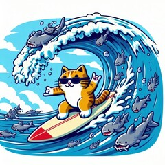 愛らしい猫がサーフィンボードに乗っているイラスト