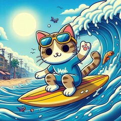 愛らしい猫がサーフィンボードに乗っているイラスト