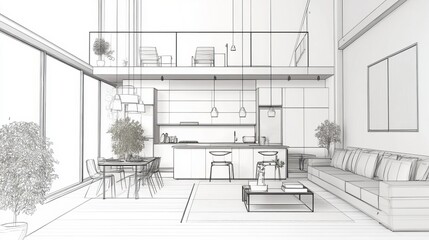 Interior of a modern open living space with kitchen in a loftstyle duplex apartment Home decoration and interior design transitioning from line sketch to realistic depiction