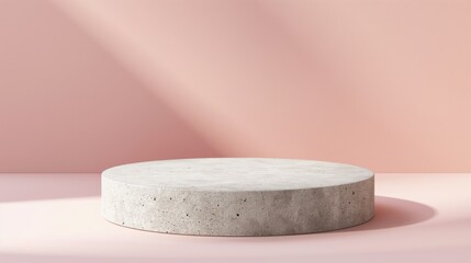 A flat stone podium on the ground with a light pink background.