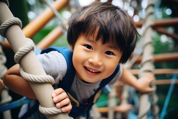 Japanese little boy playground climbing outdoors.