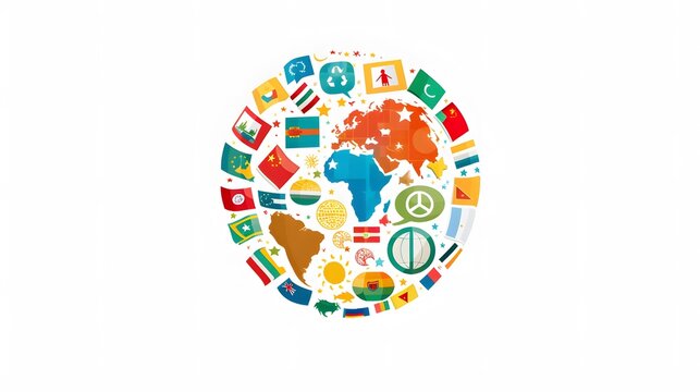  flat lay of a gigantic globe with multiple country flags and speech bubbles containing country and language symbols, isolated on a white background.