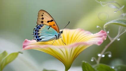 Naklejka premium A close-up of a butterfly resting on a vibrant flower petal, surrounded by soft-focus greenery