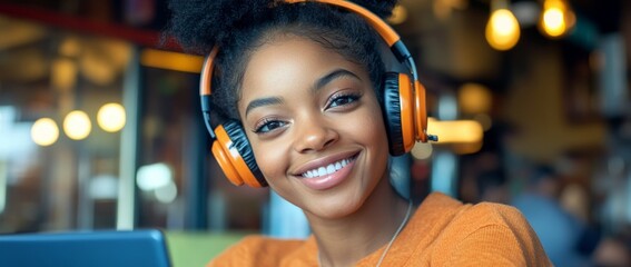 An African American woman enjoys learning online, wearing headphones and smiling.