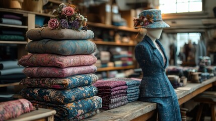 A vibrant selection of patterned fabrics neatly stacked on a wooden table in a sewing atelier.