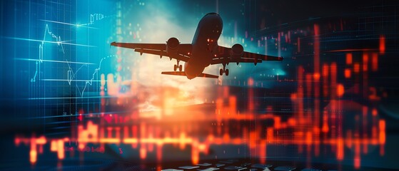 Airplane taking off with a backdrop of financial graphs and charts, symbolizing the intersection of aviation and economic trends.