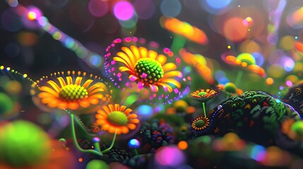 Vibrant neon flowers in a surreal garden with glowing bokeh
