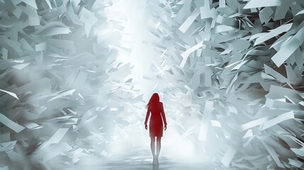 A woman in a red dress walks through a surreal hallway filled with floating paper, bathed in ethereal light.