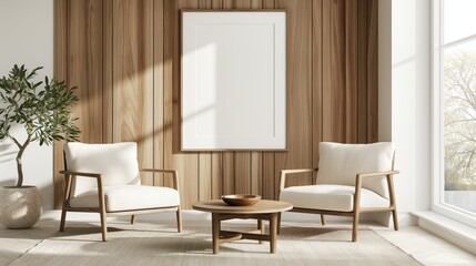 Wooden living room interior with white blank poster on wall, beige armchairs.