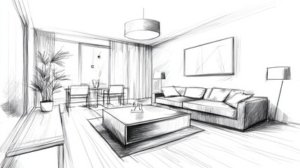 Sketch of a modern interior room with handdrawn furniture