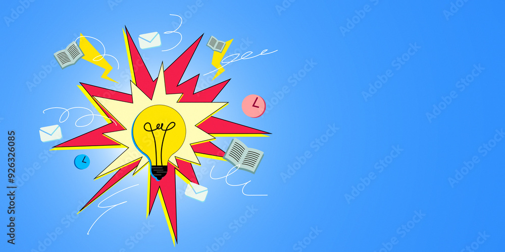 Poster lightbulb with educational icons and pop art style on blue background. 3d rendering