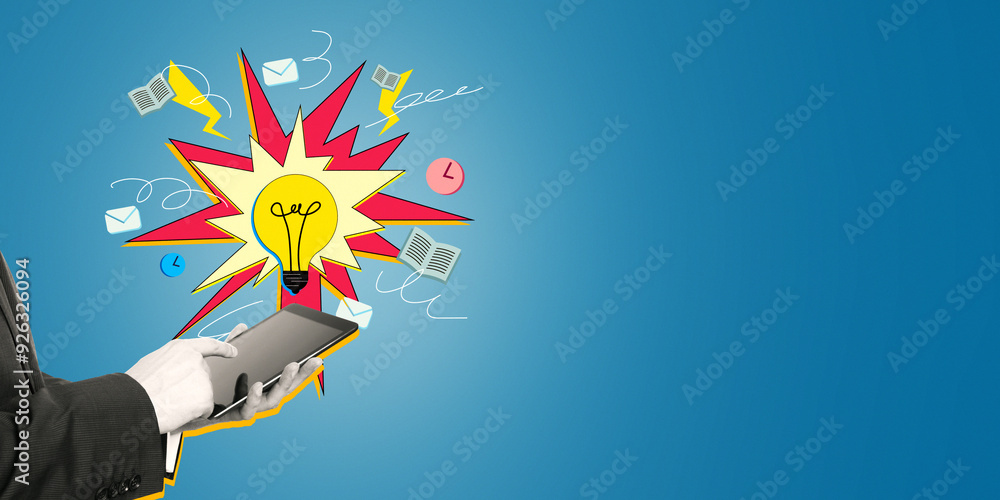 Aufkleber pop art style illustration of lightbulb and tablet on blue background, symbolizing innovation and di