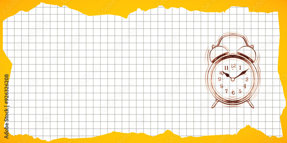 Poster Torn grid paper with sketch of an alarm clock on a yellow background. 3D Rendering