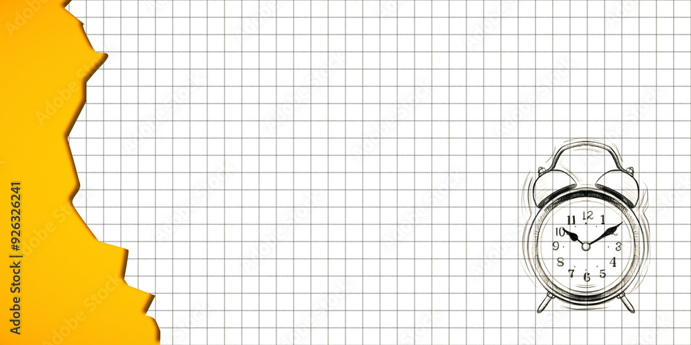 Poster Grid paper background with sketched alarm clock and yellow torn paper edge. 3D Rendering