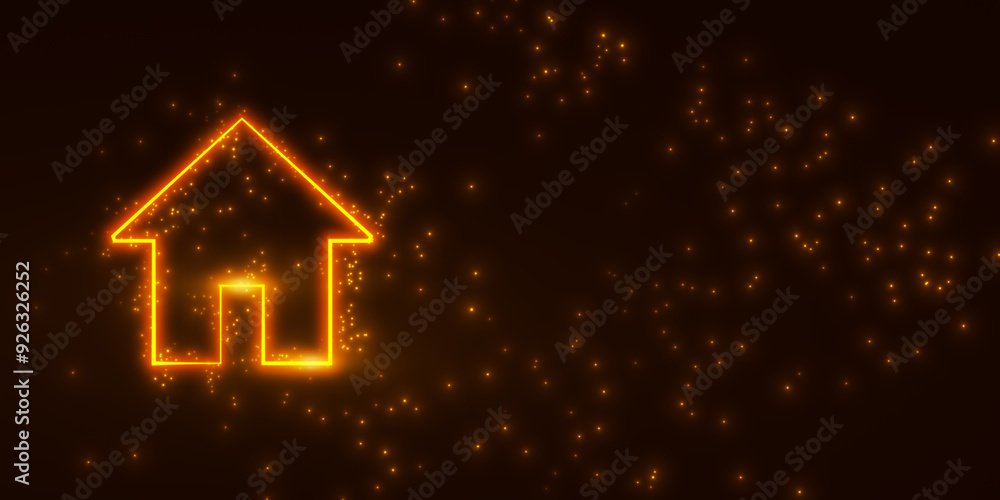 Poster neon house icon with glowing dots on dark background. 3d rendering