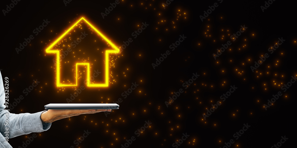 Poster Neon smart home icon floating above a tablet on a dark background.