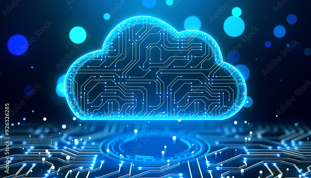 Poster Neon cloud computing icon with circuit board background. 3D Rendering