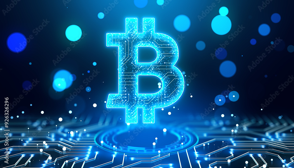 Aufkleber Neon Bitcoin symbol with circuit patterns on futuristic blue backdrop. 3D Rendering