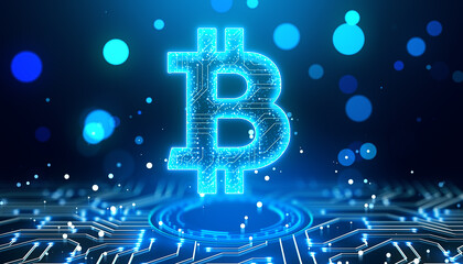 Neon Bitcoin symbol with circuit patterns on futuristic blue backdrop. 3D Rendering