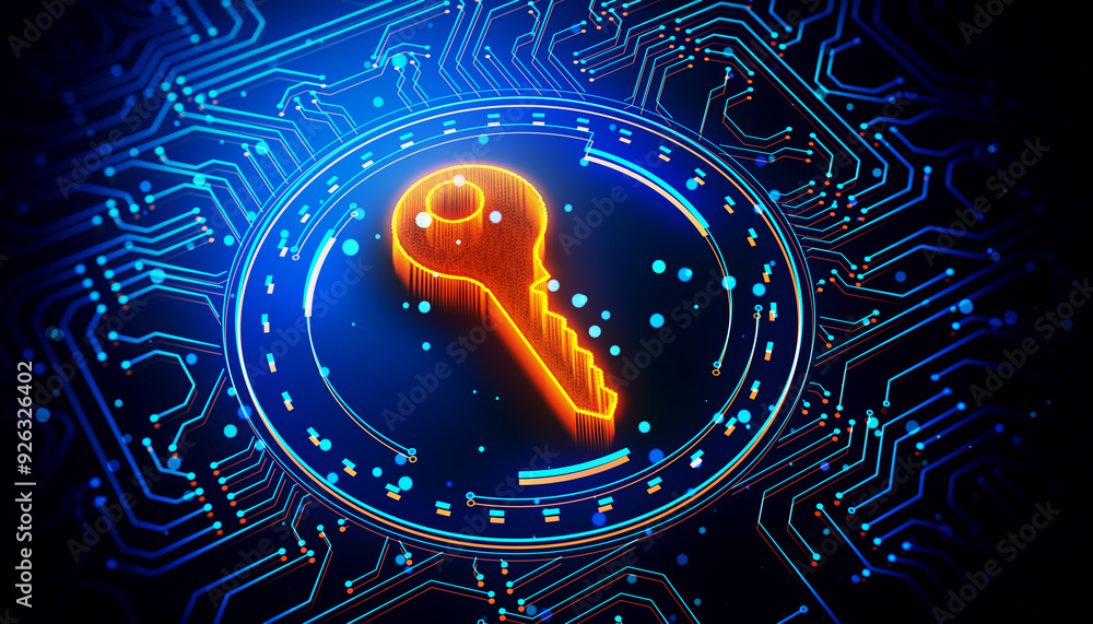 Poster Neon key symbol on a circuit board background representing cybersecurity. 3D Rendering