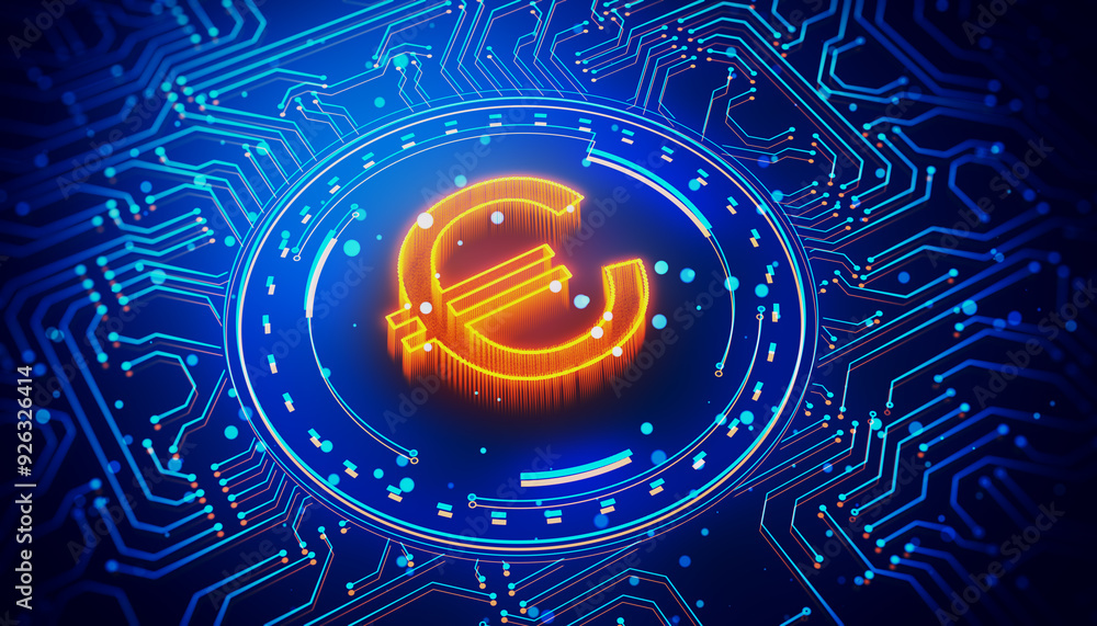 Poster Digital euro symbol with circuit board background. 3D Rendering