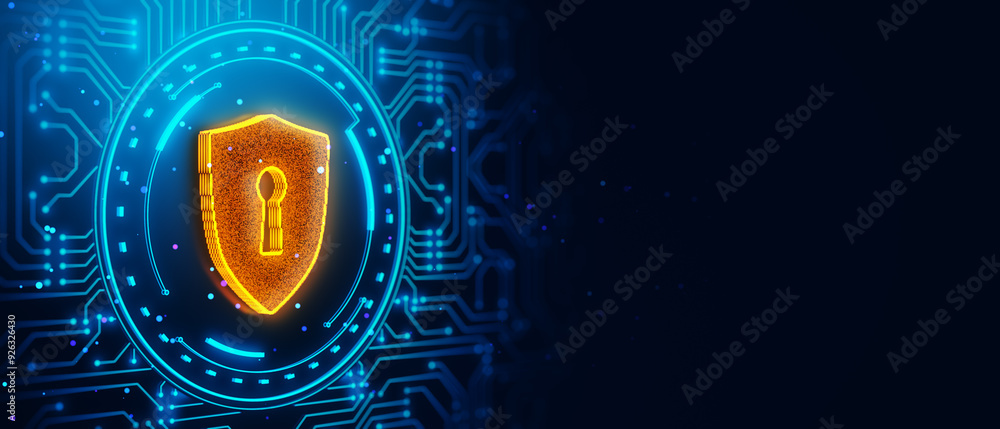 Poster Shield icon with keyhole on a digital circuit background. 3D Rendering