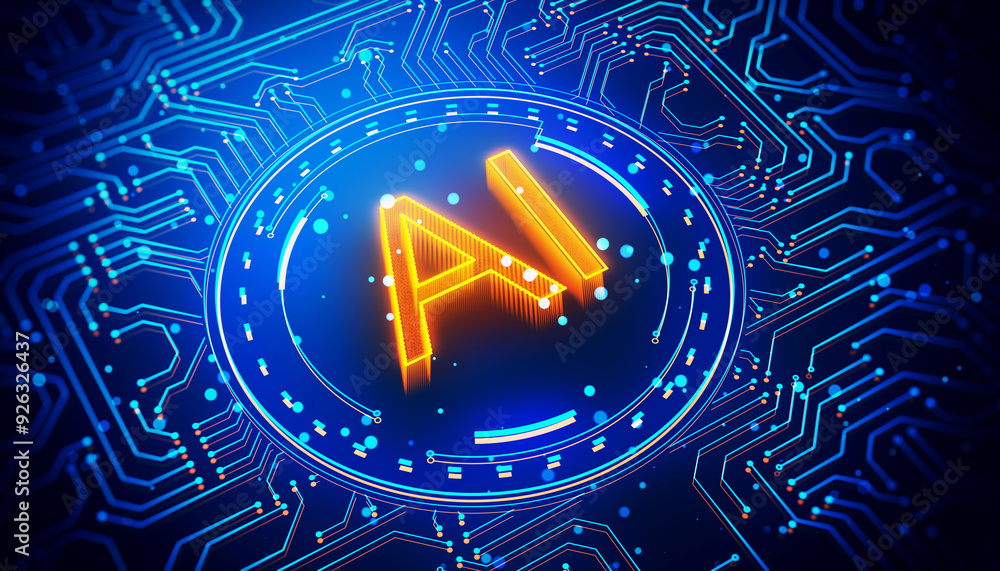 Poster ai logo glowing in neon lights on a blue circuit background. 3d rendering