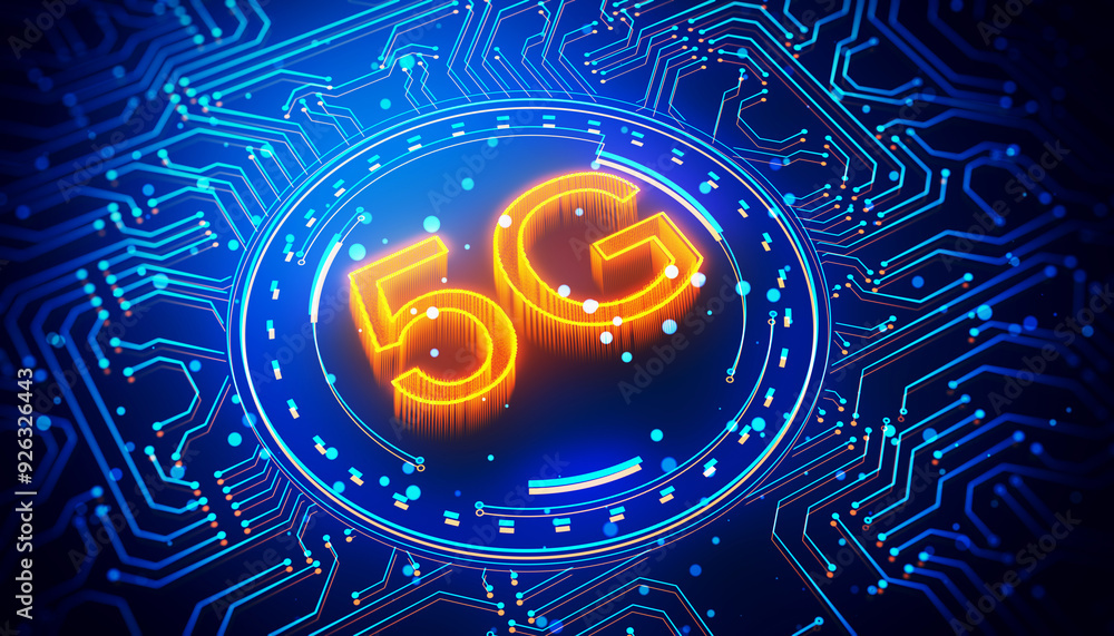 Poster 3D rendering of glowing 5G symbol on blue digital circuit background. 3D Rendering