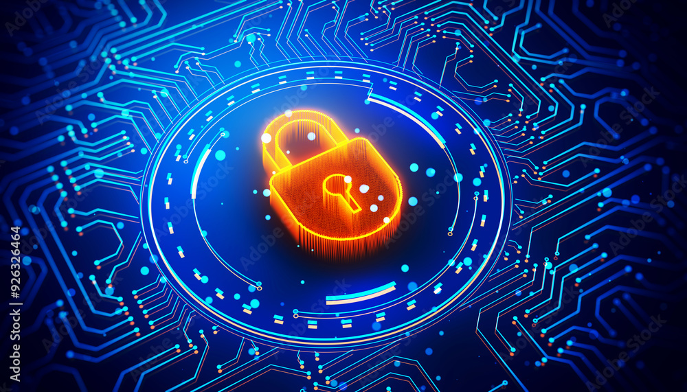 Poster digital padlock hologram on blue circuit background. 3d rendering
