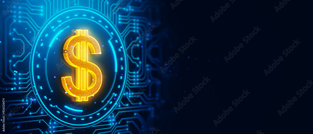 Aufkleber glowing dollar sign on futuristic digital circuit background. 3d rendering